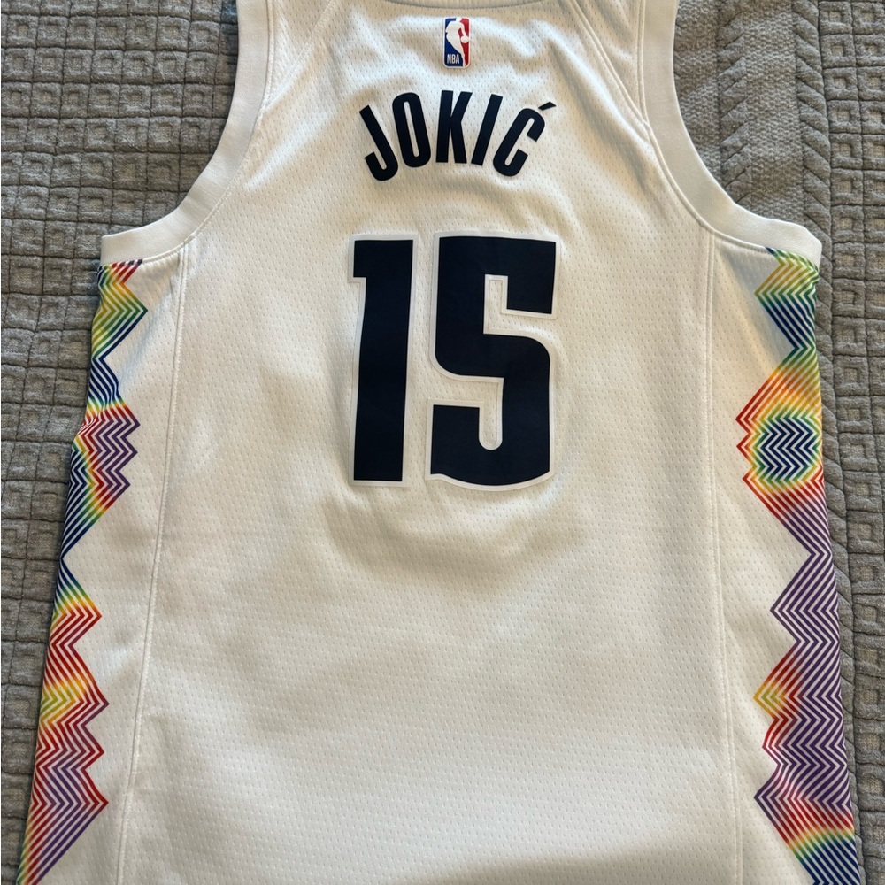 White Jokic Basketball Jersey with Rainbow Accents